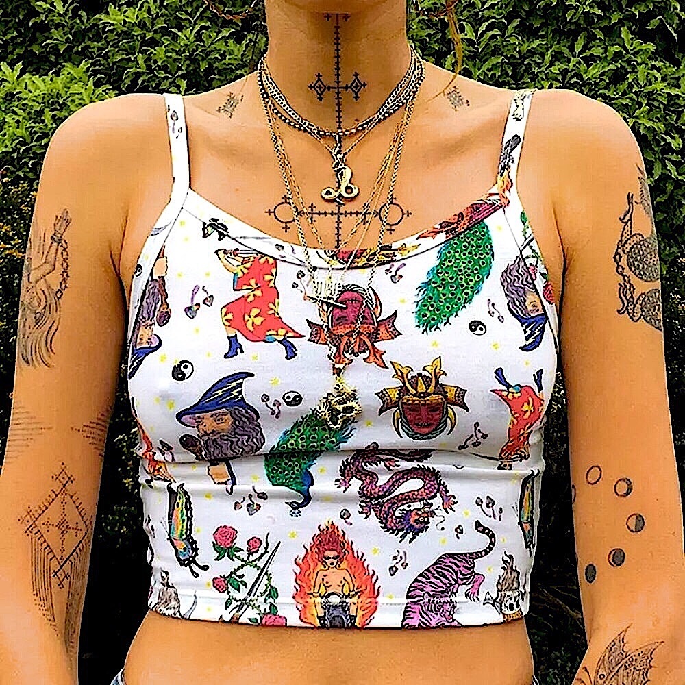 White trippy print spaghetti strap tank top🐲🔥🐅🦚🗡
